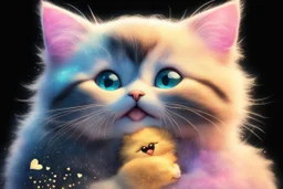 extreme cuteness, closeup, flowercut, shiny metallic pastel watercolor, black light art, golden glitter outlines, double exposure, merged layers, heart and love, A cute chibi mohair 3D happy cat mother watching her child take their first steps toward independence, pride and worry mixing in their eyes, S<AI in sunshine, ethereal, cinematic postprocessing, black background