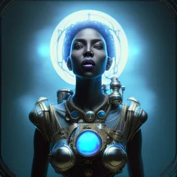 a black woman holding a blue crystal up to the sky and screaming, steam punk, realistic, made in octane, cinematic, ultra-realistic, extremely detailed octane rendering, 8K, VRAY Super Real ar 2:3, dof photorealistic futuristic 50mm lens hard lighting dark gray tintype photograph, realistic lighting