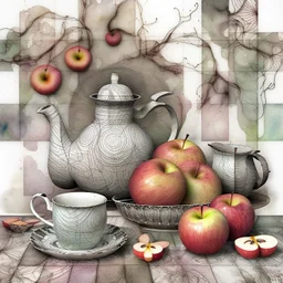 Watercolour and ink patchwork in the style of Jamie Heiden, Walter Crane, Yayoi Kusama, Ivan Shiskin, John Atkinson Grimshaw: zentangle cute whimsical watercolor Still life with apples on a porcelain plate and a teapot crisp quality, ultra detailed, elegant, fantastical, surreal, watercolor and pen, beautiful high definition fine 3D line art, white and grey and red dreamy colours, extremely detailed, intricate, elaborate, HDR, award winning, expressionism, fantastic view, ethereal, fantasy, unsi