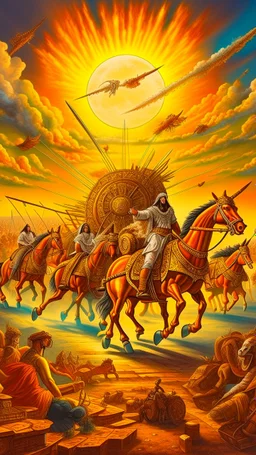 A chariot with two white horses on it a Sumerian warrior is leading war behind him thousands of soldiers and ufo hovering in the far distance in the sky