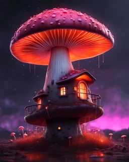 A solitary floating mushroom house on a clear night. silver and orange and pink, Dark cosmic interstellar. Detailed Matte Painting, deep color, fantastical, intricate detail, splash screen, hyperdetailed, insane depth, concept art, 8k resolution, trending on Artstation, Unreal Engine 5, color depth, backlit, splash art, dramatic, High Quality Whimsical Fun Imaginative Bubbly, perfect composition