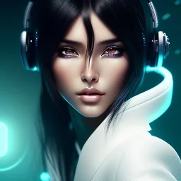 pilar rubio, Cyborg samurai, cyberpunk, white skin, light black hair, geisha hairstyle, cobalt eyes, waist up portrait, 8k resolution, retroanime, intricate details, neon details, soft lighting, vibrant colors, masterpiece, intricate eyeliner, dark eyeshadow, eyes, intricate tattoos, gradient background