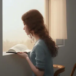 Study girl, curl hair read a book in by the window, ultra detail, real photo realistic, unreal engine, cinematic lighting --ar 1:1 creative