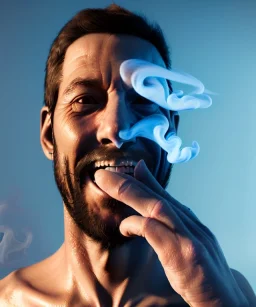 Realistic image, waist up view, a guy making the fuck you gesture with his hand, blue smoke coming out of his eyes, nose and mouth. Happy, smile, soft color, highly detailed, unreal engine 5, ray tracing, RTX, lumen lighting, ultra detail, volumetric lighting, 3d, finely drawn, high definition, high resolution.