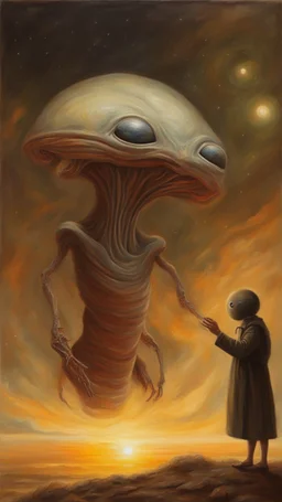 oil painting, Believing the strangest things, loving the alien And your prayers they break the sky in two