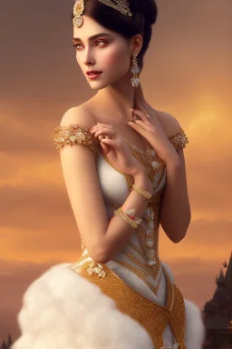 full body shot , beautiful and gorgerous duchess with incredible jewellery in 19th century clothing by Greg Rutkowski and Artgerm and Emile Vernon and Vladimir Volegov, in a red dress, mystical castle background, art illustration, natural beauty, muted colors, pastels, perfect fingers, higly detailed, expressive, high detail, symmetrical, digital painting, symmetrical eyes, dynamic lighting, artstation, cinematic lighting, intricate artwork, emitting diodes, smoke, artillery, sparks, racks, s