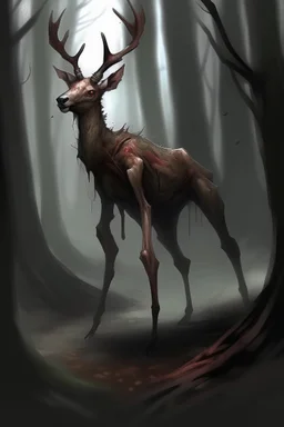 a deer except: . Legs bent backwards . Barrel chested/bloated abdomen . Emaciation . Eyes belonging to unrelated animals . Forward-facing eyes . Jerky movements . Loss of fear towards humans . Tendency to walk on two hind legs . General bodily disfigurement, creepy, scp art