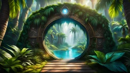 A magical portal leading to a hidden world where all the "missing episodes" unfold. Creatures, characters, and scenes from these unseen adventures peek out from the portal jungle palms, inviting viewers into the mystical tales. highly detailed eyes and hands and lips, HDR, 8K, ultra detailed, High quality