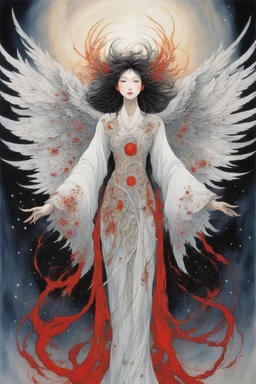 style of Yoshitaka Amano ~a fierce angel, standing with all her might wings outstretched staring deep into your soul, her ornate robe reminiscent of the stars in the night fiery sky. surrealist. Shades of luminous white and red piercing shadow, reminiscent of Beuys and Qian Xuan.