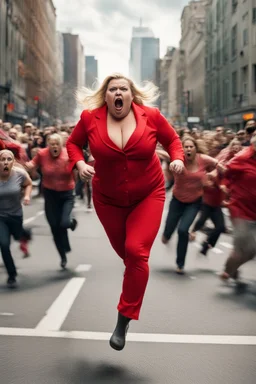 an obese terrified blonde woman in a red pant suit desperately running away from an angry mob of thousands of people chasing her down a city street