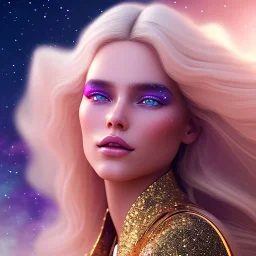 white full body woman glitter smiling long blond hair blue eyes in a galactic ambiance, delicate colors in the foreground, full of details, smooth, light effect，vaporwave colorful, smooth, extremely sharp detail, finely tuned detail, ultra high definition, 8 k, ultra sharp focus