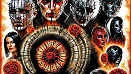 Clive Barker's Hellraiser, cenobites vs cinnabites, including the movies, comics, novellas and graphic novels ,Alchemist , high voltage, thunder light, closeup, proactive scene, provocative moving, action pose, We’ve got such sweets to show you…,Demons to some..., Pastries to others, cenobites vs cinnabites, modern and futuristic HD colored black and red decor, Hellraiser cenobites