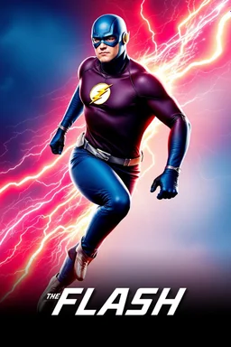 1/4 side view, looking at the viewer, Movie Poster - "THE FLASH" - A massive, thick, extremely muscular, 7'8" tall man, ((skintight, formfitting, long-sleeved, Blue spandex bodysuit:1.5)), ((Silver knee-high boots:1.5)), ((Silve wrist gauntlets, blue fingerless gloves, silver, double holstered utility belt:1.5)), ((skintight, formfitting, blue spandex helmet with blue eye disguise,:1.5)), Running, multicolored lightning emanating from his body, an overly exaggerated muscular stature