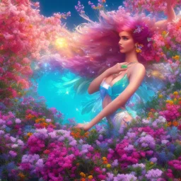 bright fairy in a flowery landscape synthwave, colorful, psychedelic, artstation, concept fairy art, smooth, extremely sharp detail, finely tuned detail, ultra high definition, 8 k