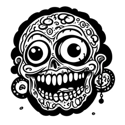 A simple black and white line drawing of an acid smiley in tattoo style with horror elements no fringe elements, just the brain