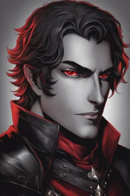 A headshot of a smirking, handsome, male medieval villain in his late 20's, he radiates raw dark power, wearing red and black leather fantasy armor, anime style, dark medieval background, intricately detailed