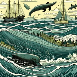 ballena, focas, oceano y barcas al estilo van gogh