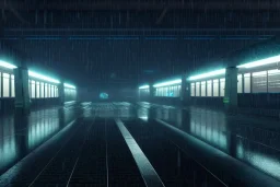 equirectangular projection grid of a futuristic bladerunner cyberpunk trainstation in the rain at night, volumetric lighting 4k spherical panorama realityengine photorender hyperdetailed cinematic