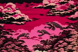 A purplish magenta sky with flying turtles designed in Javanese shadow puppets painted by Katsushika Hokusai