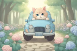 a cute proud chibi fluffy beige cat driving a car made of flower buds: roses, forget-me-nots, hydrangeaes on a cobblestone road in a forest next to a pond in sunshine
