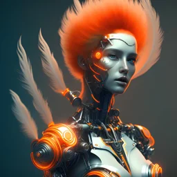 A beautiful portrait of a cute cyborg woman orange color scheme, high key lighting, volumetric light high details with white stripes and feathers and indian paterns and wimgs