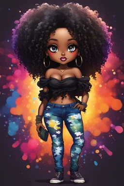 create a colorful abstract silhouette art image 8k of a chibi curvy black female wearing torn jeans pants and a black tie dye off the shoulder blouse. Prominent make up with hazel eyes. Highly detailed long tight curly afro in a hair wrap.