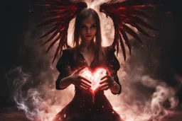 Wizard girl with a heart bleed in her hands, half demon and half angel, sparks around, macro photography,