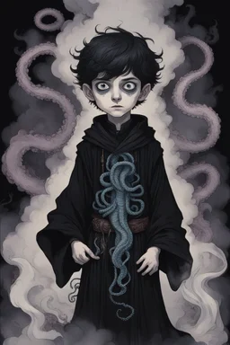 7 year old boy, necromancer, friendly, with a tentacle coming out of his stomach, surrounded by weird smoke with eyes, wearing black robes, in the style of Harry Clarke