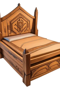 a wooden bed with a fortnite theme carved into it, no background