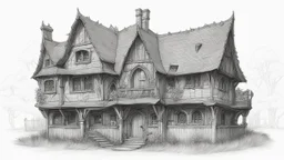 A front elevation line drawing of a fantasy mediaeval ramshackle house.