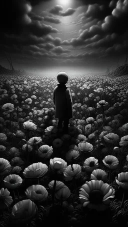 Bosch nightmares paining style Title:a field of poppies all colored in black and white, on red rose standing in the middle , 8k artistic photography, photorealistic concept art, soft natural volumetric cinematic perfect light, chiaroscuro, award-winning photograph, masterpiece, oil on canvas, Raphael, Caravaggio, Greg Rutkowski, people, beksinski, Giger