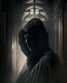 A haunting and atmospheric portrait of a mysterious figure, shrouded in shadow and framed by dramatic, architectural elements. The subject's gaze is piercing and enigmatic, while the chiaroscuro lighting and high contrast create an intense, moody atmosphere.