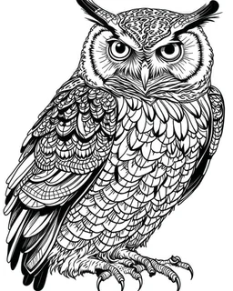 real massive big Owl, coloring page easy to color, full body (((((white background))))), only use an outline., real style, line art, white color, clean line art, white background, Sketch style