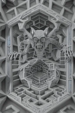 hexagon chrome labyrinth featuring gargoyle skeleton in the style of escher, 8k, trending art