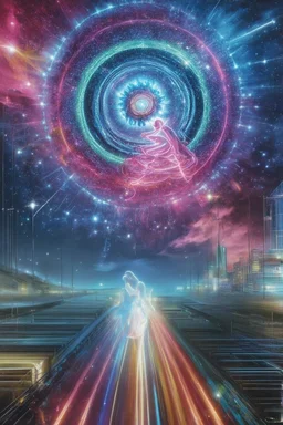 in the midst of universal movement it has been rendered stationary; surreal neon celestial art