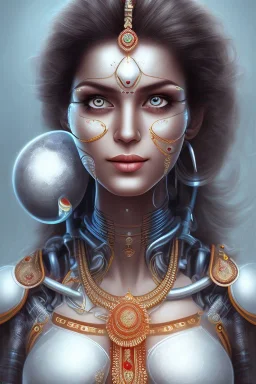 indian woman cyborg, perfekt eyes, smile, real