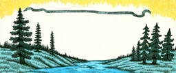 memorial placard with hand drawn illustration, northern lights on the top right and left with a thin section joining then through the middle. below are trees and water. whimsical hand drawn style. line drawing with muted color