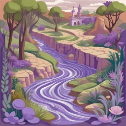 A light purple gorge with a swampy water river designed in Mexican folk art painted by Zosan
