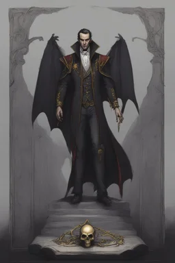 toomb of vampire Count Strahd Von Zarovich. Dark, gloomy, ebony coffin with brass. No people.