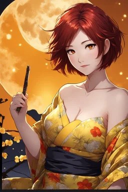 (Asian), short hair, fiery red hair hair, normal hands yukata, yellow clothes, 8k, best quality, winking, very dark night time, lighting from moon yellow moon, perfect, masterpiece, anime style, cartoon style,