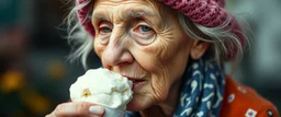 close up portrait of the sweetest soulfull magical old woman with no makeup eating ice cream with her whole face
