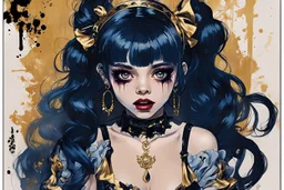 Poster in two gradually, a one side malevolent goth vampire girl face and other side the Singer Melanie Martinez face, full body, painting by Yoji Shinkawa, darkblue and gold tones,