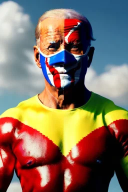 realistic image of joe biden as a mexican wrestling fighter posing, Mexican eyes wrestling mask, red and blue breeches, retro style, 80s, vibrant color, highly detailed, sky background, concept art, unreal engine 5, god rays, ray tracing, RTX, lumen lighting, ultra detail, volumetric lighting, 3d, finely drawn, high definition, high resolution.