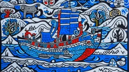 An indigo icy fjord with Viking ships painted by Keith Haring