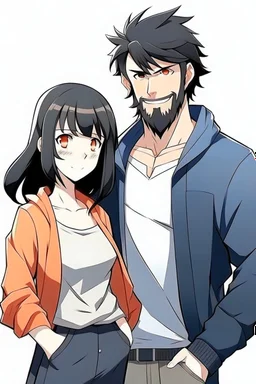 Anime man with beard, handsome and happy. Standing with Beautiful anime woman with black hair