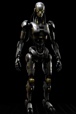 Full body portrait of a realistic post-apocalyptic futuristic female robot, dark background