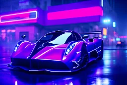 a glowing purple Zonda zooming through the streets of a neon lit futuristic miami at night and in the rain 8k hyperrealistic