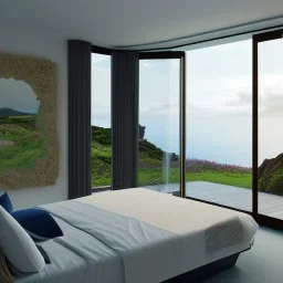 une chambre à coucher de 4 x 3.2 metres, avec une grande baie vitrée de 2.7 metres de large sur 200 de haut, avec vue sur jardin avec la mer en bas du jardin au dessus d'une petite falaise. Décoration orientale