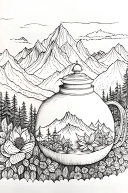 Cozy vibes drawing art tea pot, garden inside tea pot, mountain range in background