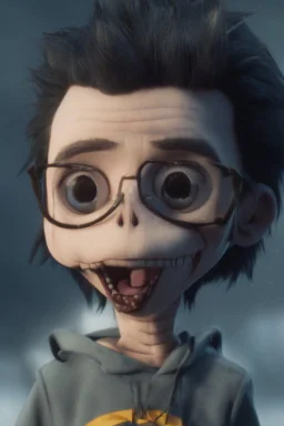 a cute animation boy, skateboarding , trendy hoody, 8 k, tim Burton skeleton style from the movie "night before Xmas", realistic animation, gothic